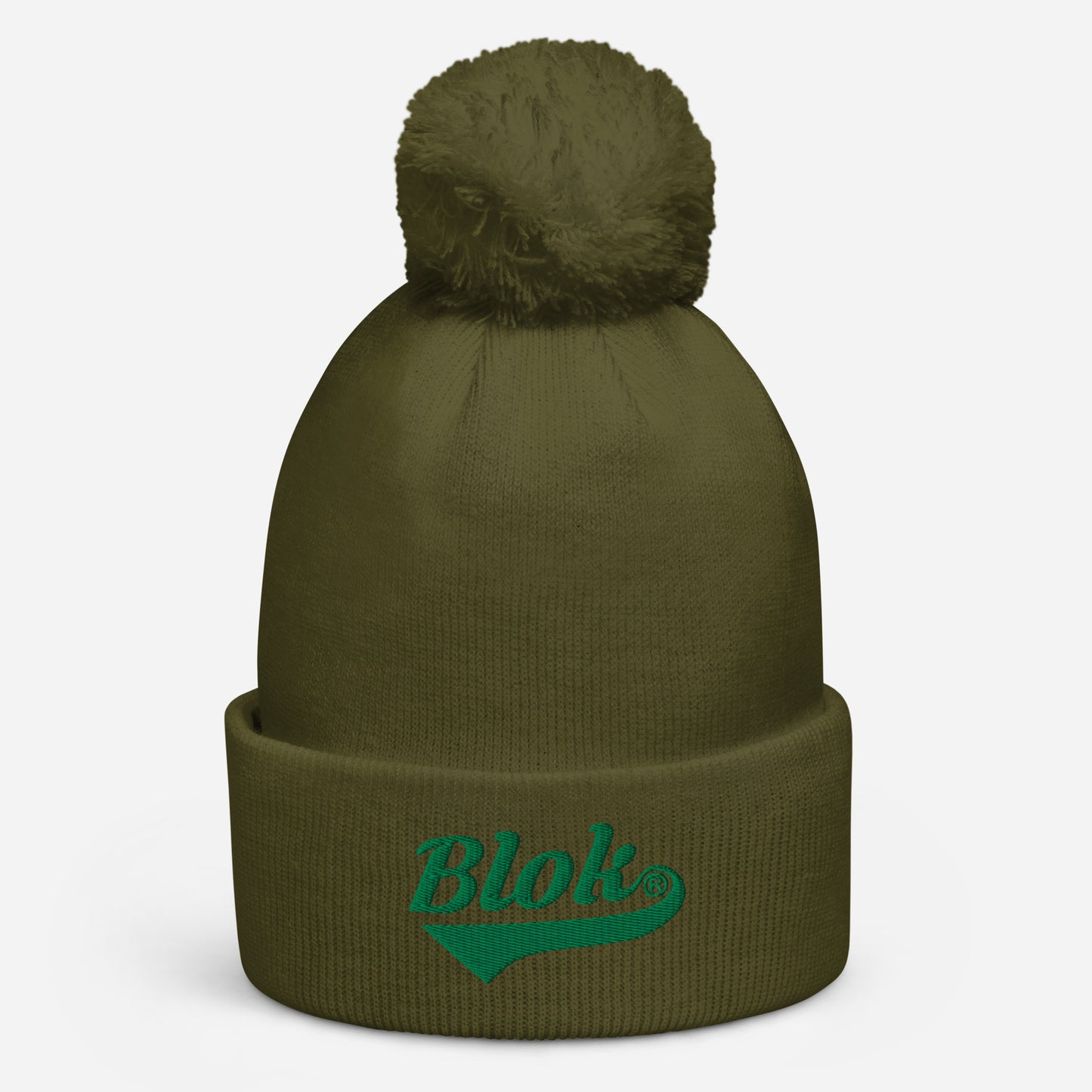 BLOK Classic Logo - Unisex Dark Green Embroidered Pom Pom Beanie