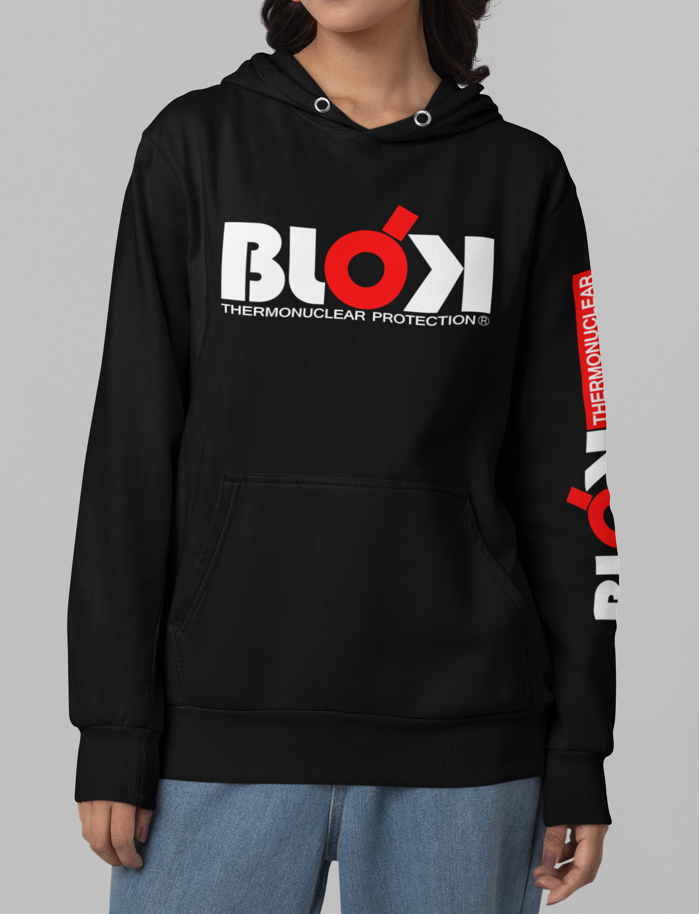 Thermonuclear Protection - Front & Arm Print in White & Red - Women's Hoodie