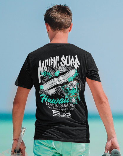 Pacific Surf Hawaii - Front & Back Print - in White & Turquoise - Men's Loose Fit