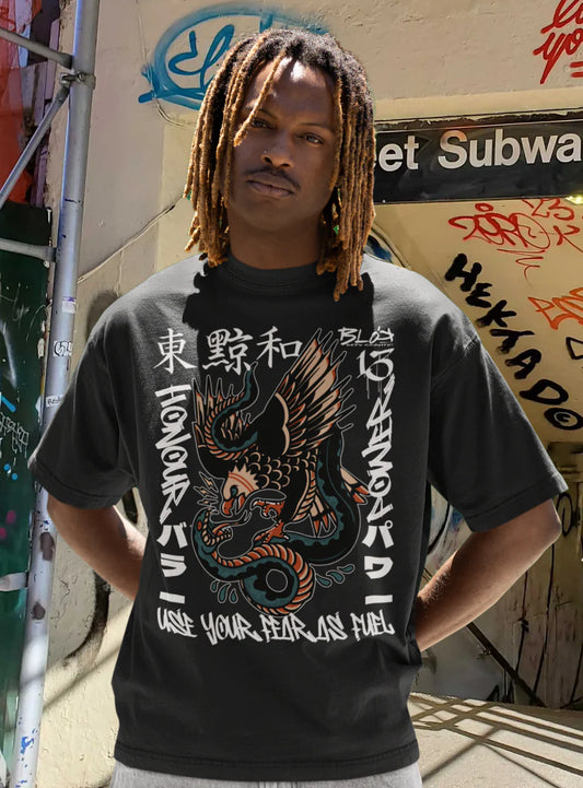Fear As Fuel - Front Print - with White Logo - Men's Oversized Graphic T-Shirt
