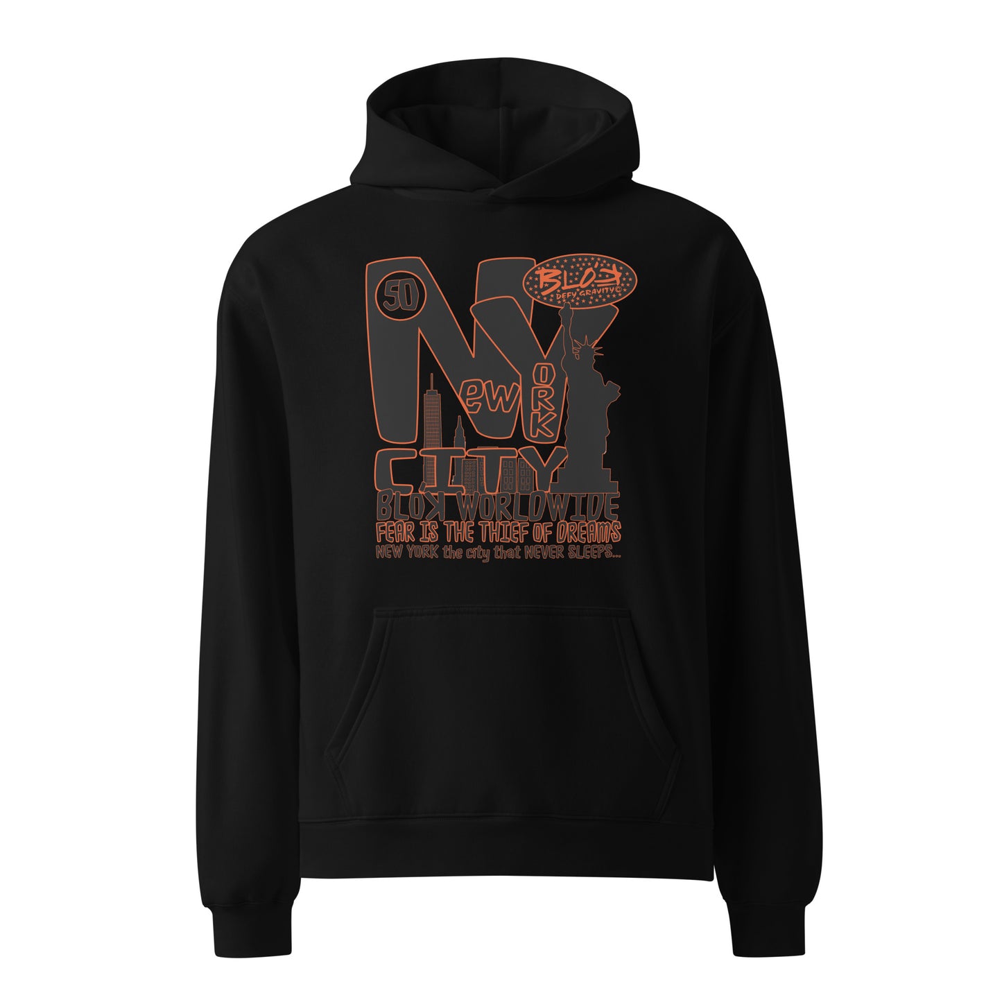 New York City Worldwide - Front Print in Black & Orange - Oversize Heavyweight Hoodie