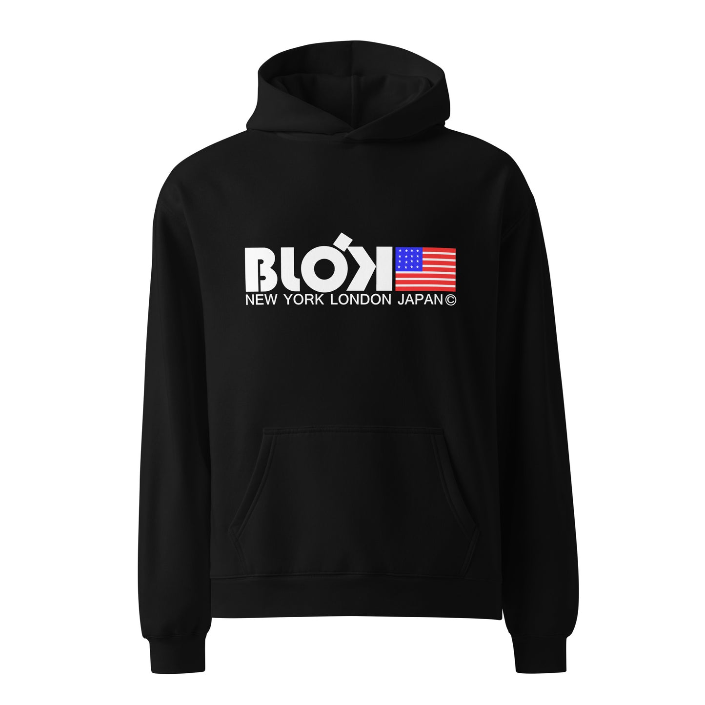 NY LDN JPN & FLAG - Heavyweight Oversized Men's Hoodie - Front Graphic Print