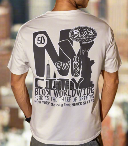 New York City Worldwide - Front, Back & Arm Print in Black & White - Men's Oversize Graphic T-Shirt