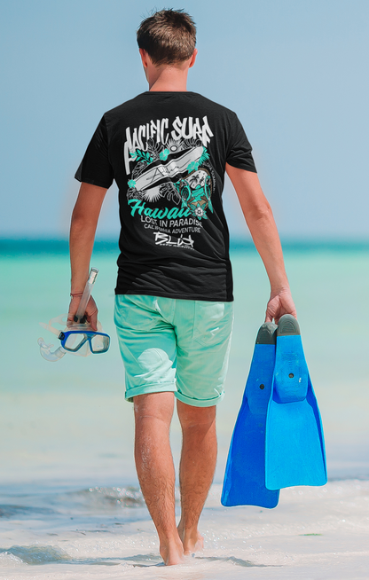 Pacific Surf Hawaii - Front & Back Print - in White & Turquoise - Men's Loose Fit