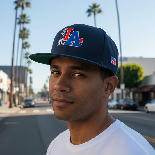 BLOK LA - Men's Snapback Hat - Front & Side Logo In Red and Blue Embroidery