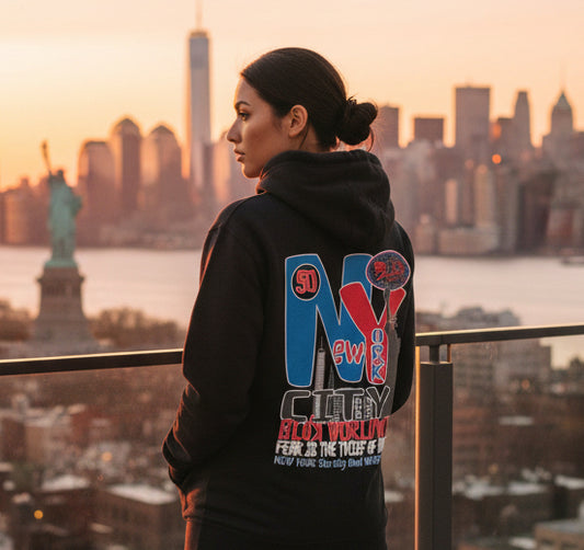 New York City Worldwide - Large Front & Back Print in Red & Blue - Women Hoodie