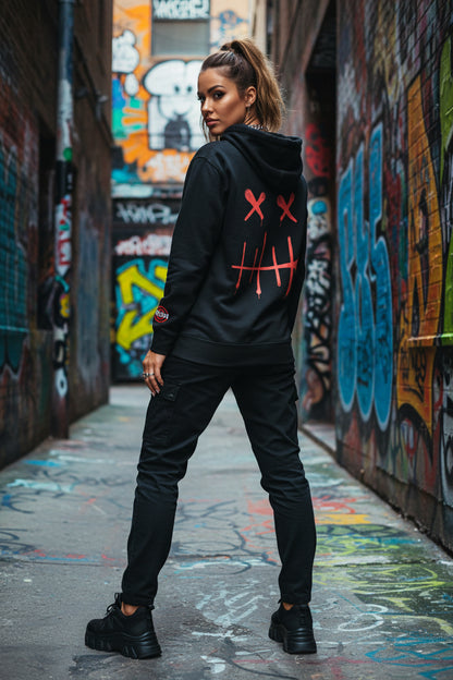 BLOK Zipper Face - Red Front, Back Graphic Print & Arm Embroidery - Women's Hoodie