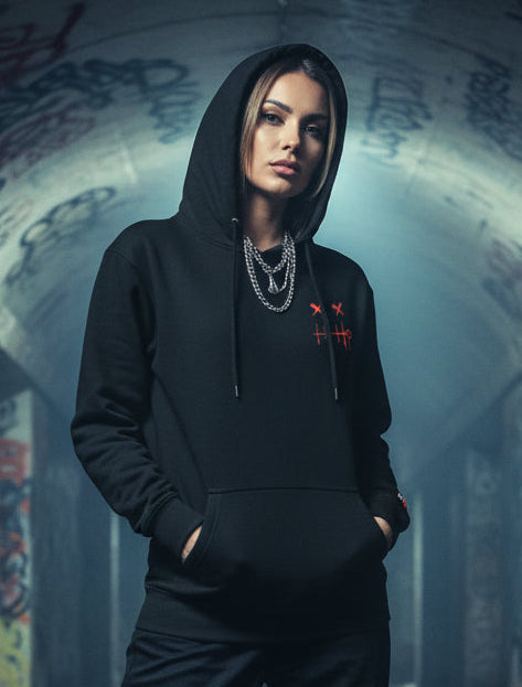 BLOK Zipper Face - Red Front, Back Graphic Print & Arm Embroidery - Women's Hoodie