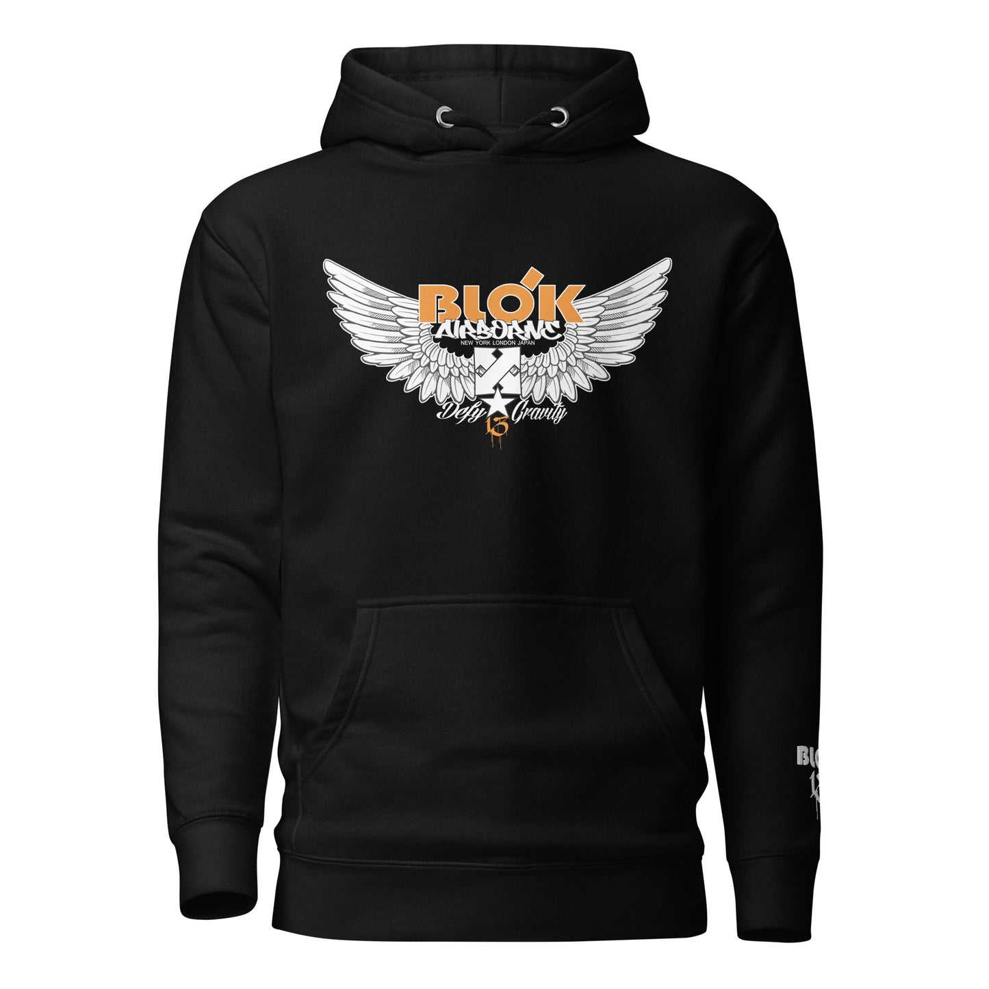 Airborne Wings - Front Print in Orange & Embroidered Arm Logo - Men's Graphic Hoodie