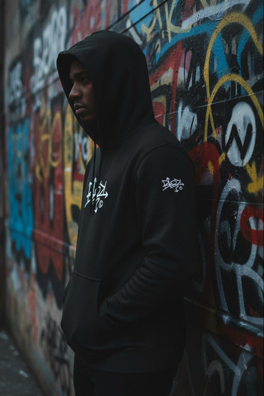 Blok Tag - Front & Arm Print in White - Men's Graphic Hoodie