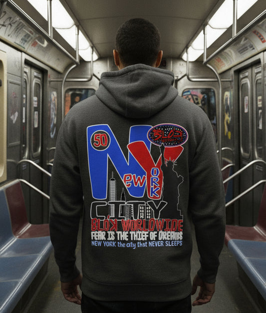 New York City Worldwide - Front & Back Print in Blue & Red - Men's Hoodie