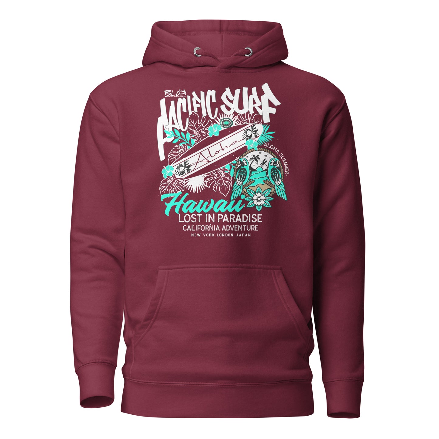 Pacific Surf Hawaii - Front Print in White & Turquoise - Women's Hoodie