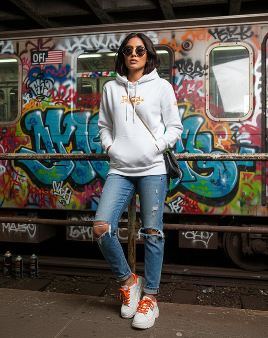 Blok Tag - Front & Arm Print in Orange - Women's Hoodie