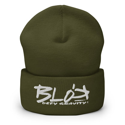 BLOK Defy Gravity - Unisex White Embroidered Cuffed Beanie