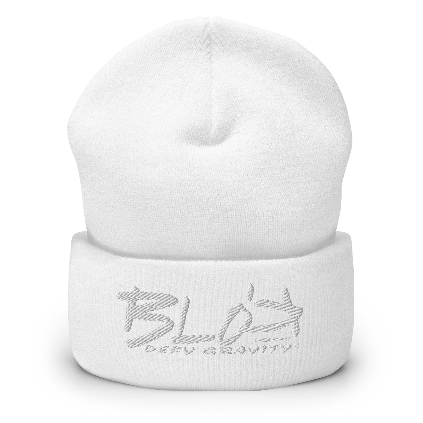 BLOK Defy Gravity - Unisex White Embroidered Cuffed Beanie