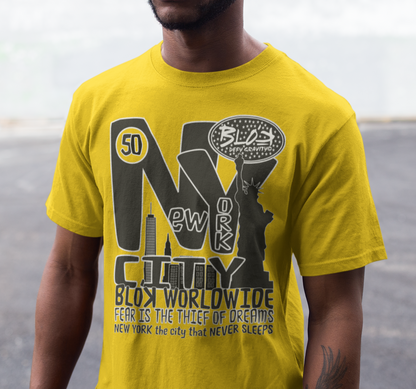 New York City Worldwide - Front, Back & Arm Print in Black & White - Men's Loose Fit