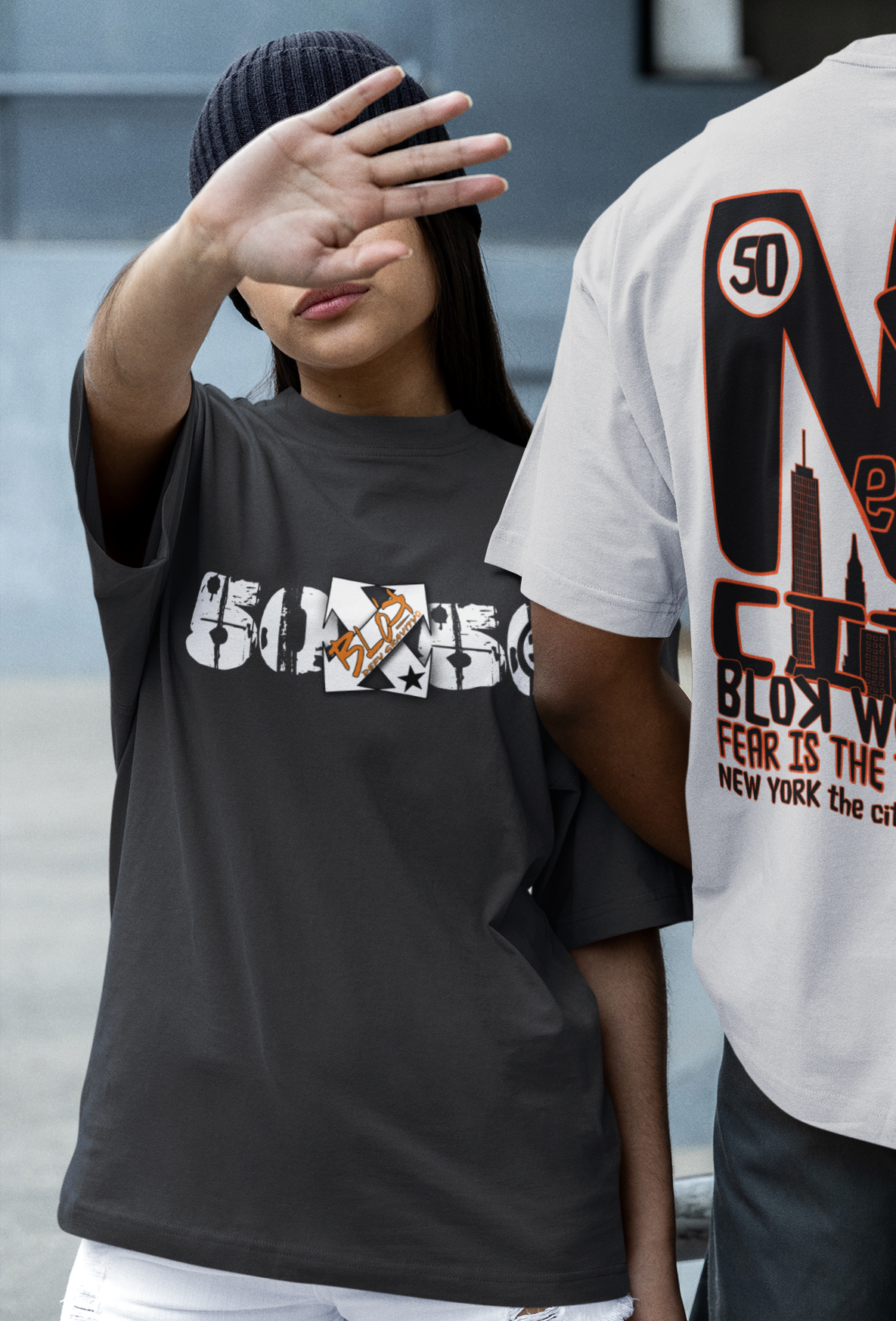 50/50 - Back & Front Print - in White & Orange - Women's Oversize