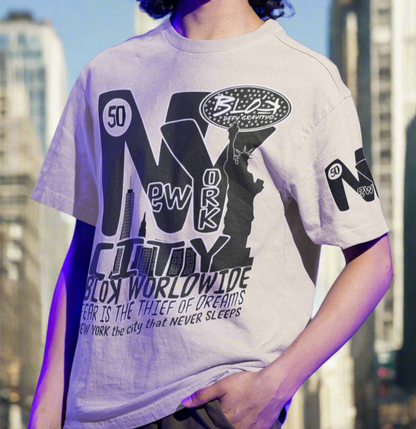 New York City Worldwide - Front, Back & Arm Print in Black & White - Men's Oversize