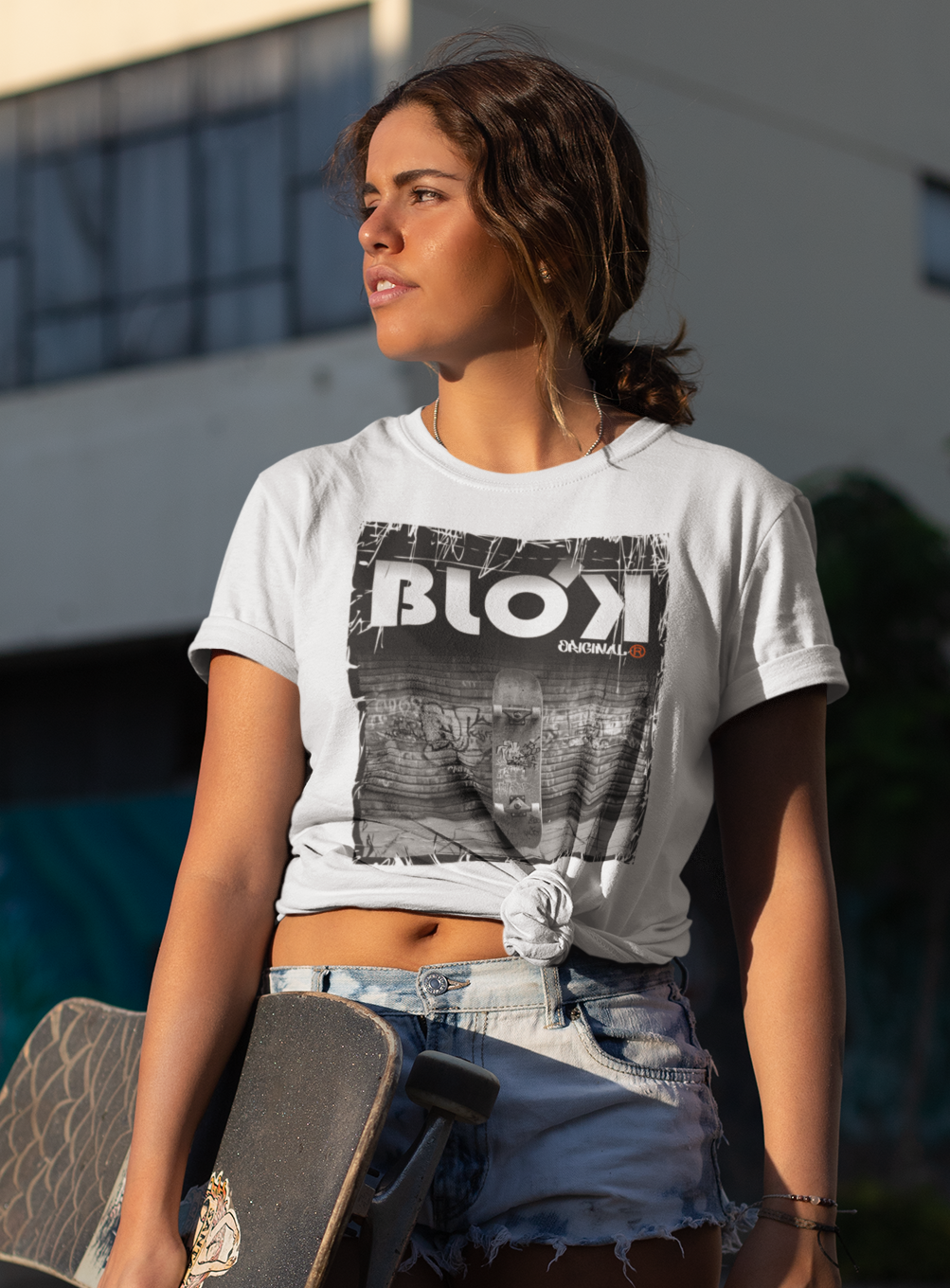 Blok Skateboard - Front Print - with White Logo - Women's Relaxed Fit