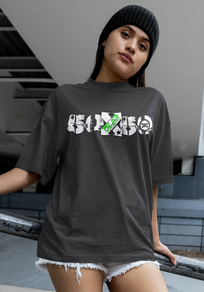 50/50 - Front Print - in White & Green - Women's Oversize