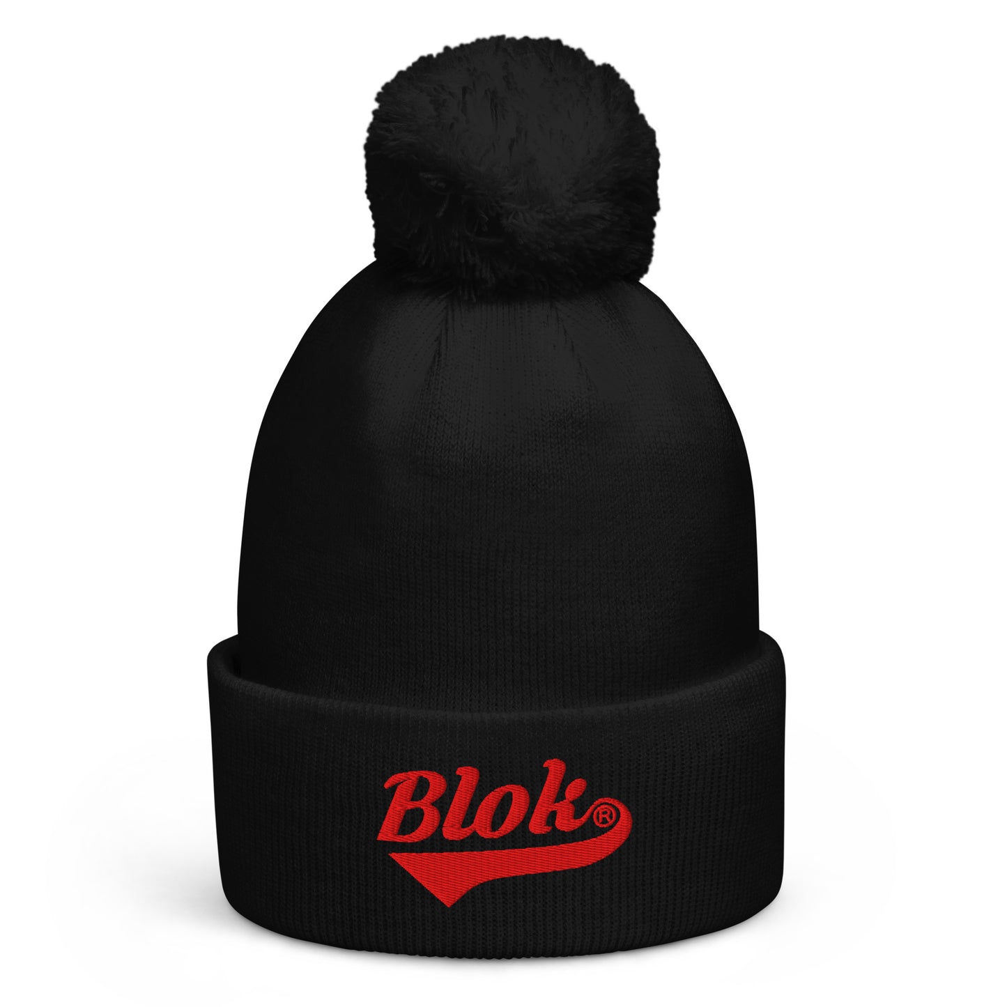BLOK Classic Logo - Unisex Red Embroidered Pom Pom Beanie