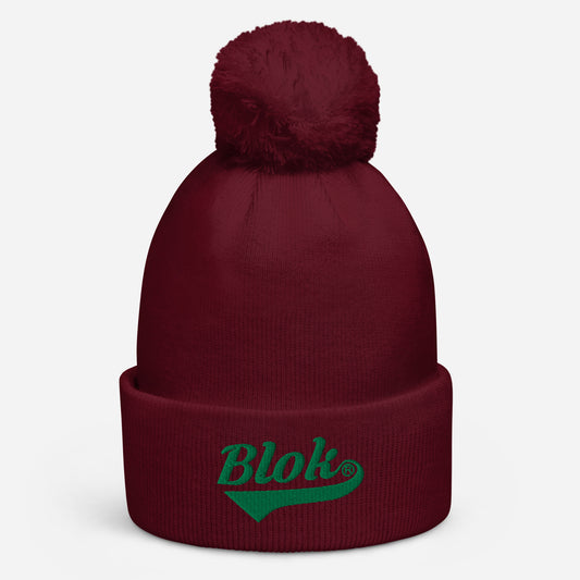 BLOK Classic Logo - Unisex Dark Green Embroidered Pom Pom Beanie