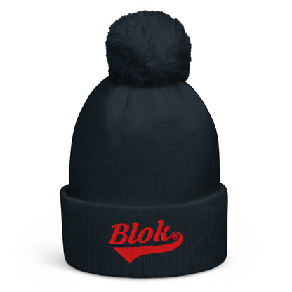 BLOK Classic Logo - Unisex Red Embroidered Pom Pom Beanie