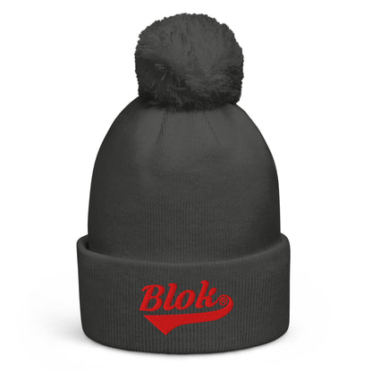 BLOK Classic Logo - Unisex Red Embroidered Pom Pom Beanie
