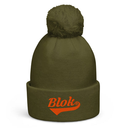 BLOK Classic Logo - Unisex Orange Embroidered Pom Pom Beanie