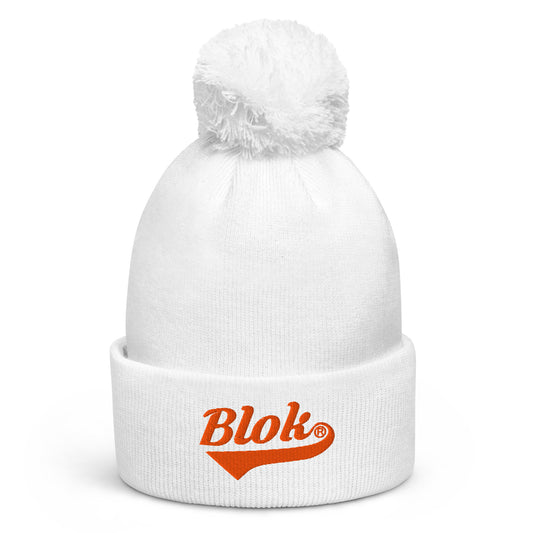 BLOK Classic Logo - Unisex Orange Embroidered Pom Pom Beanie