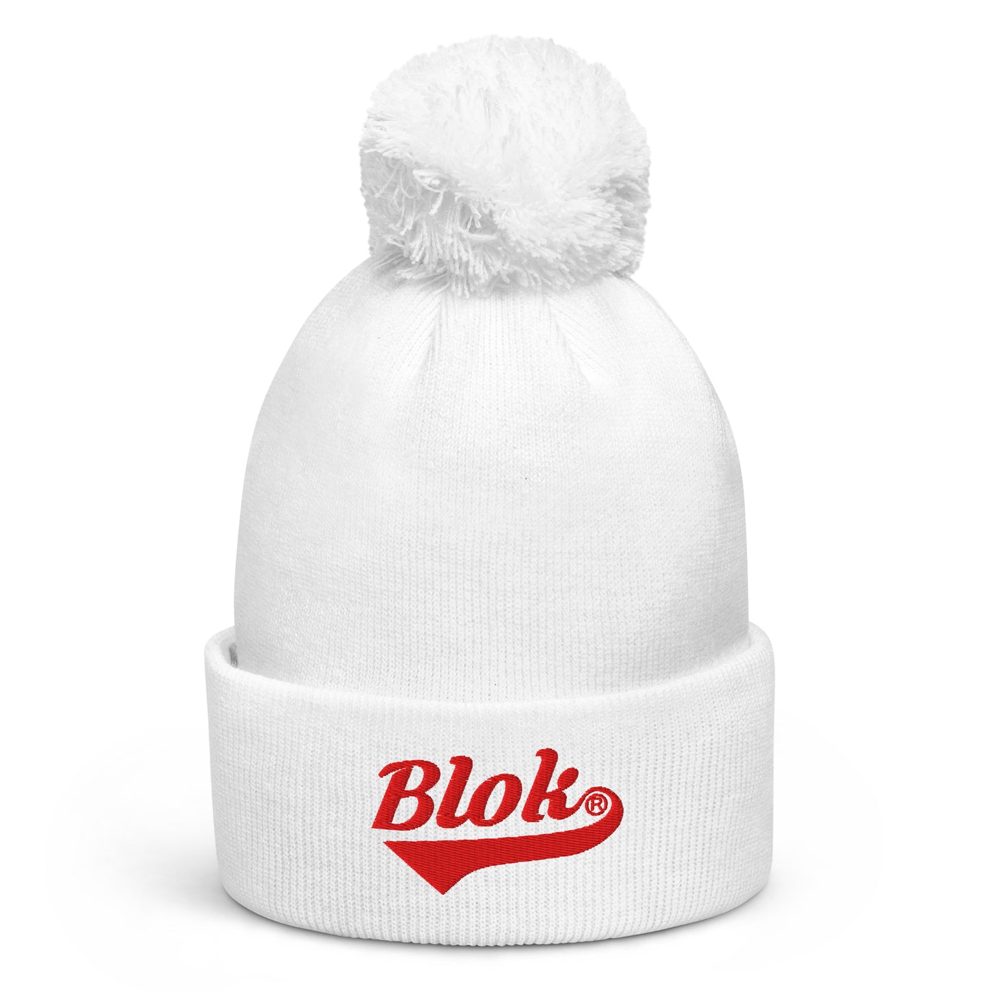 BLOK Classic Logo - Unisex Red Embroidered Pom Pom Beanie