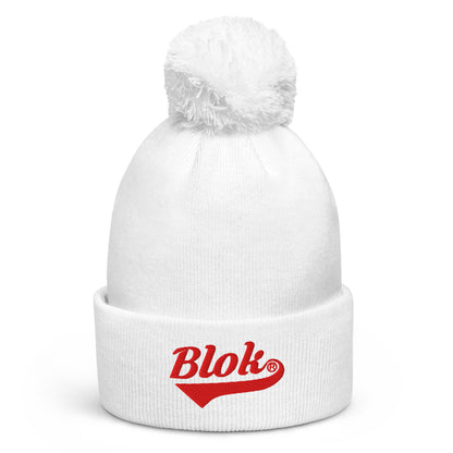 BLOK Classic Logo - Unisex Red Embroidered Pom Pom Beanie