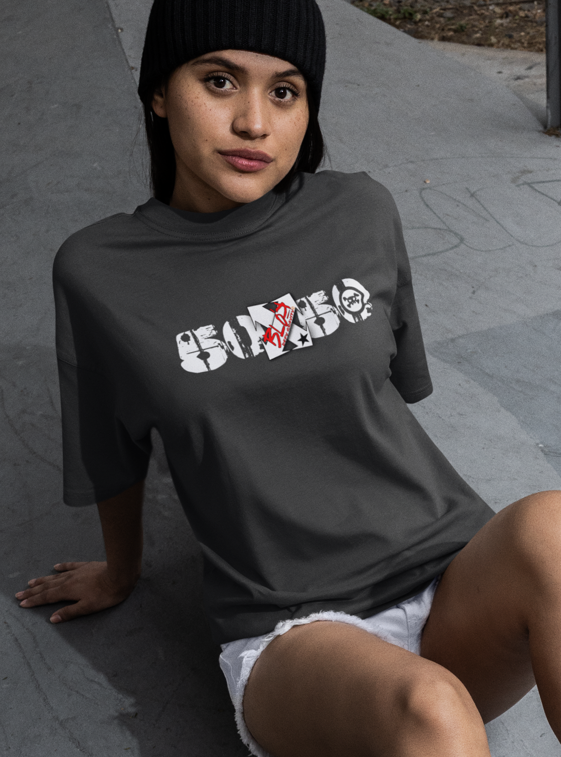 50/50 - Back & Front Print - in White & Red - Women's Oversize