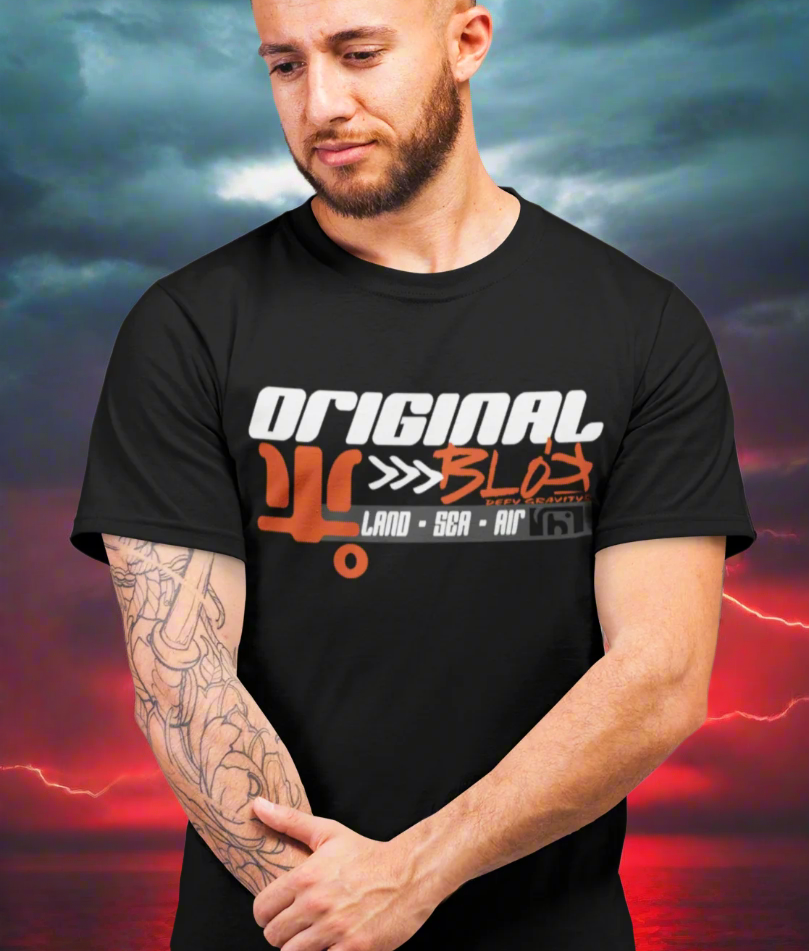 Land Sea Air - Front & Back Print with Orange & Black Logo - Men's Loose Fit