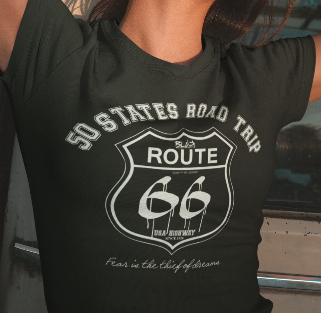 BLOK Route 66 Road Trip - White Print Women's Slim Fit Graphic T-Shirt