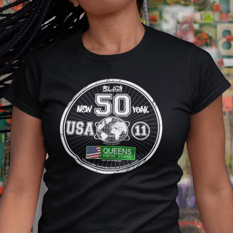BLOK Queens New York - White & Green Print Women's Slim Fit Graphic T-Shirt