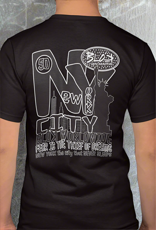 New York City Worldwide - Front, Back & Arm Print in Black & White - Men's Loose Fit