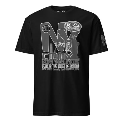 New York City Worldwide - Front & Arm Print in Black & White - Women's Relaxed Fit