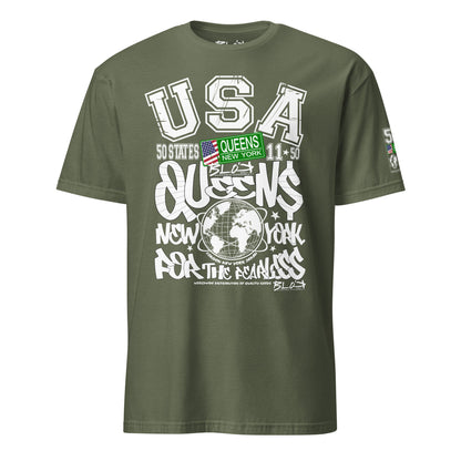 Queens - 50 States - Front & Arm Print in White & Green - Women's Relaxed Fit