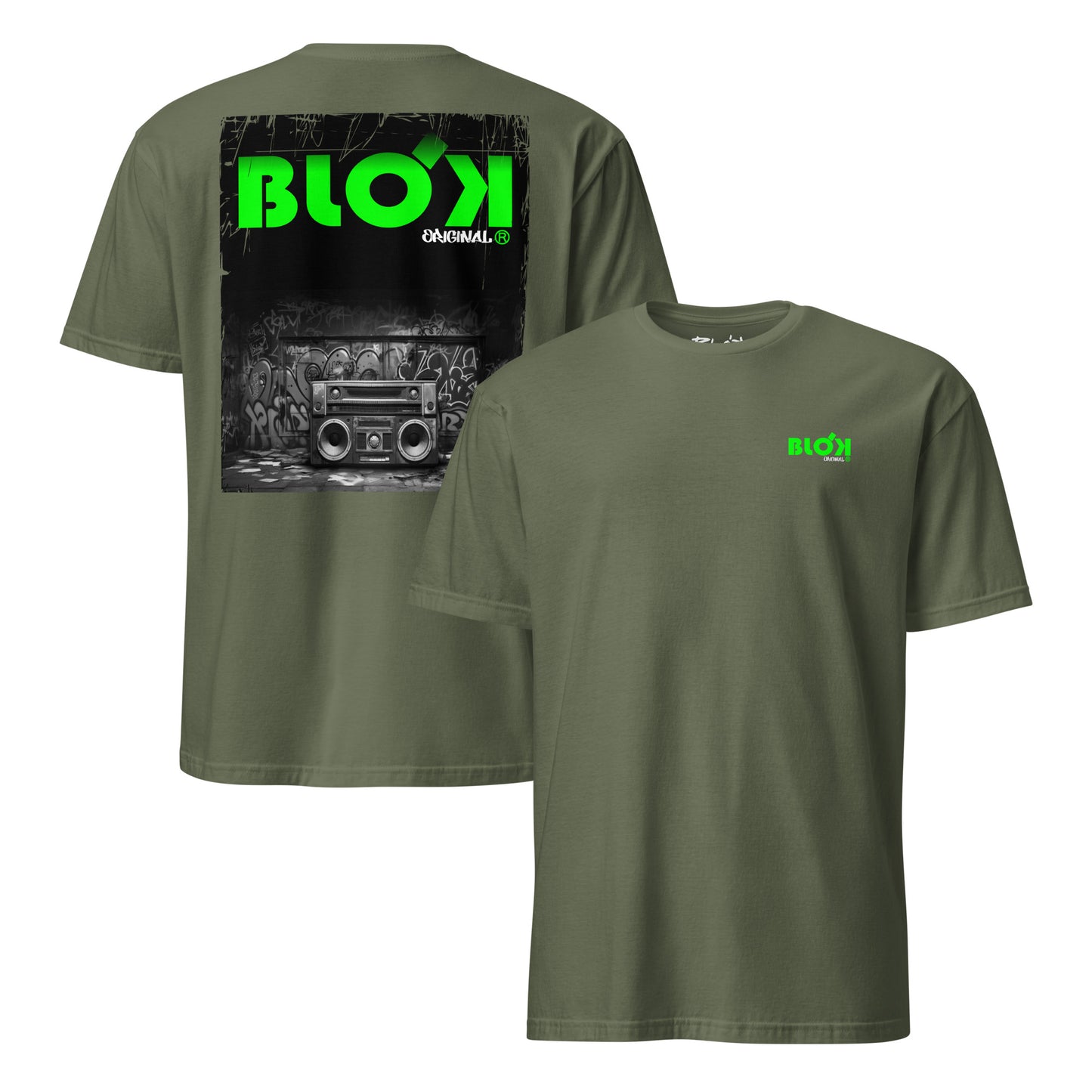 BLOK Boom Box - Green Front & Back Print Women's Relaxed Fit Graphic T-Shirt