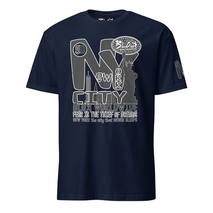 New York City Worldwide - Front & Arm Print in Black & White - Women's Relaxed Fit