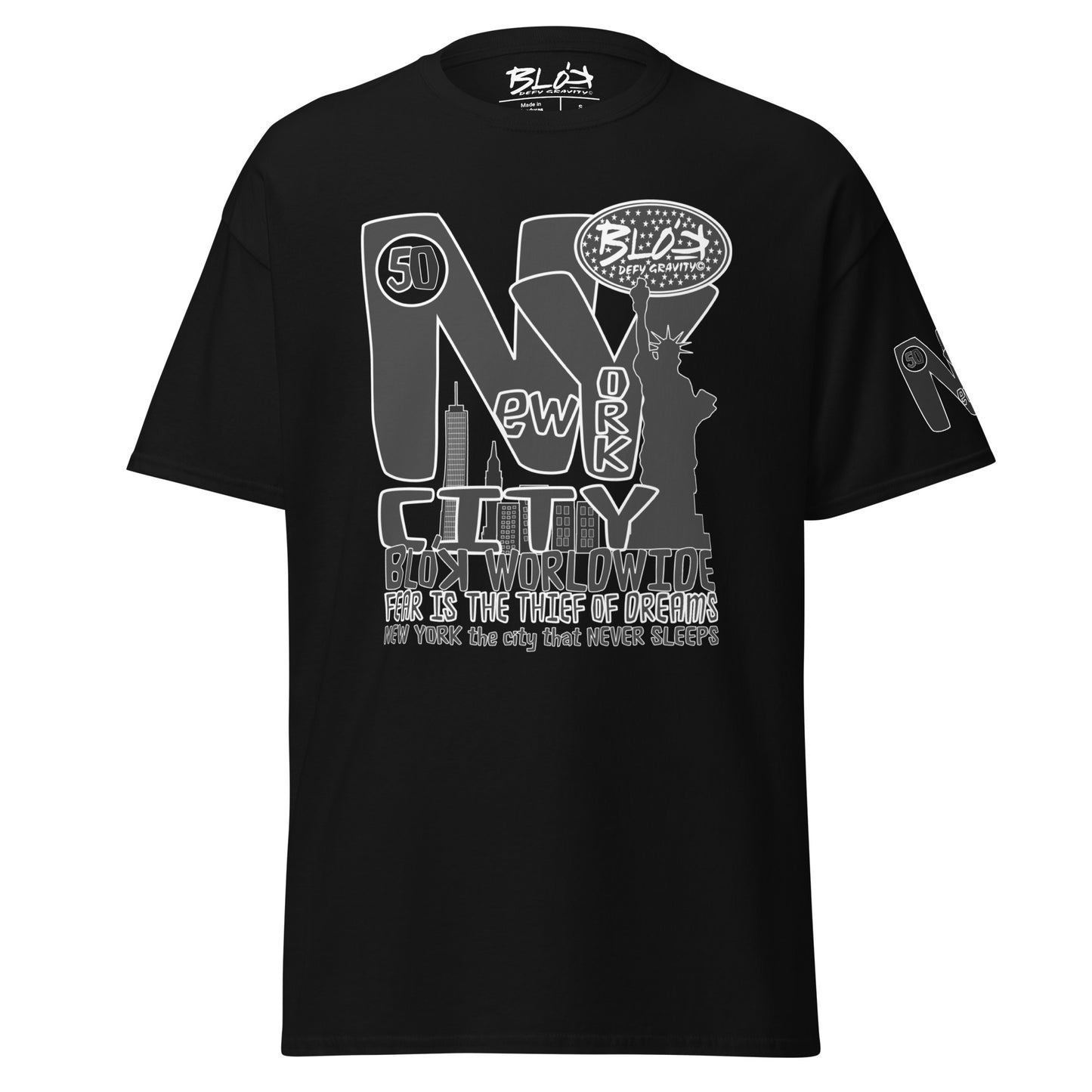 New York City Worldwide - Front, Back & Arm Print in Black & White - Men's Loose Fit
