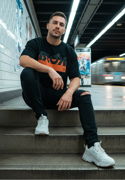 Blok Stripe - Front Print - in Orange & Black - Men's Loose Fit