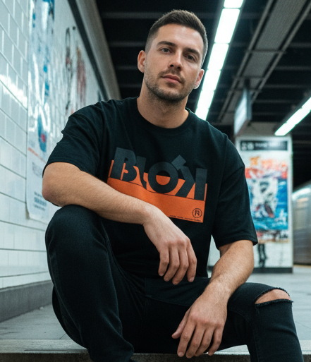 Blok Stripe - Front Print - in Orange & Black - Men's Loose Fit