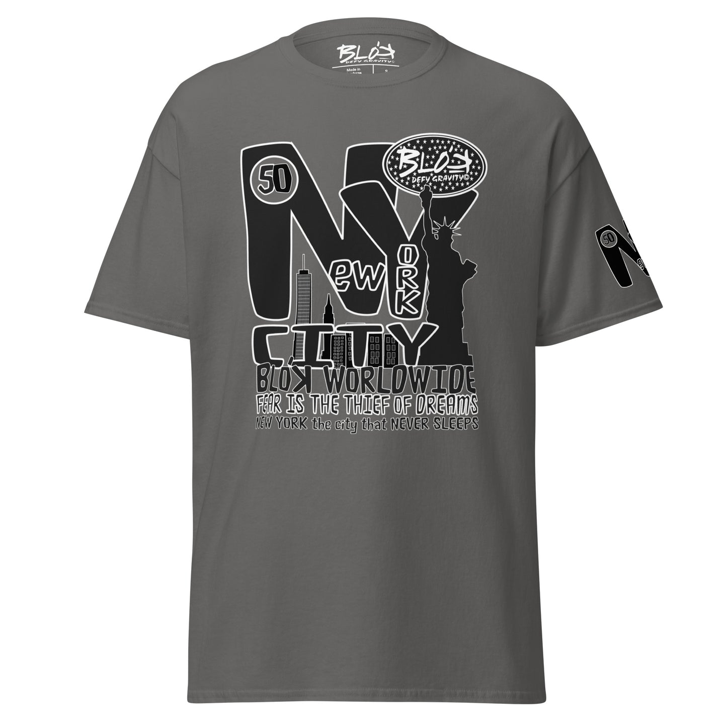 New York City Worldwide - Front, Back & Arm Print in Black & White - Men's Loose Fit