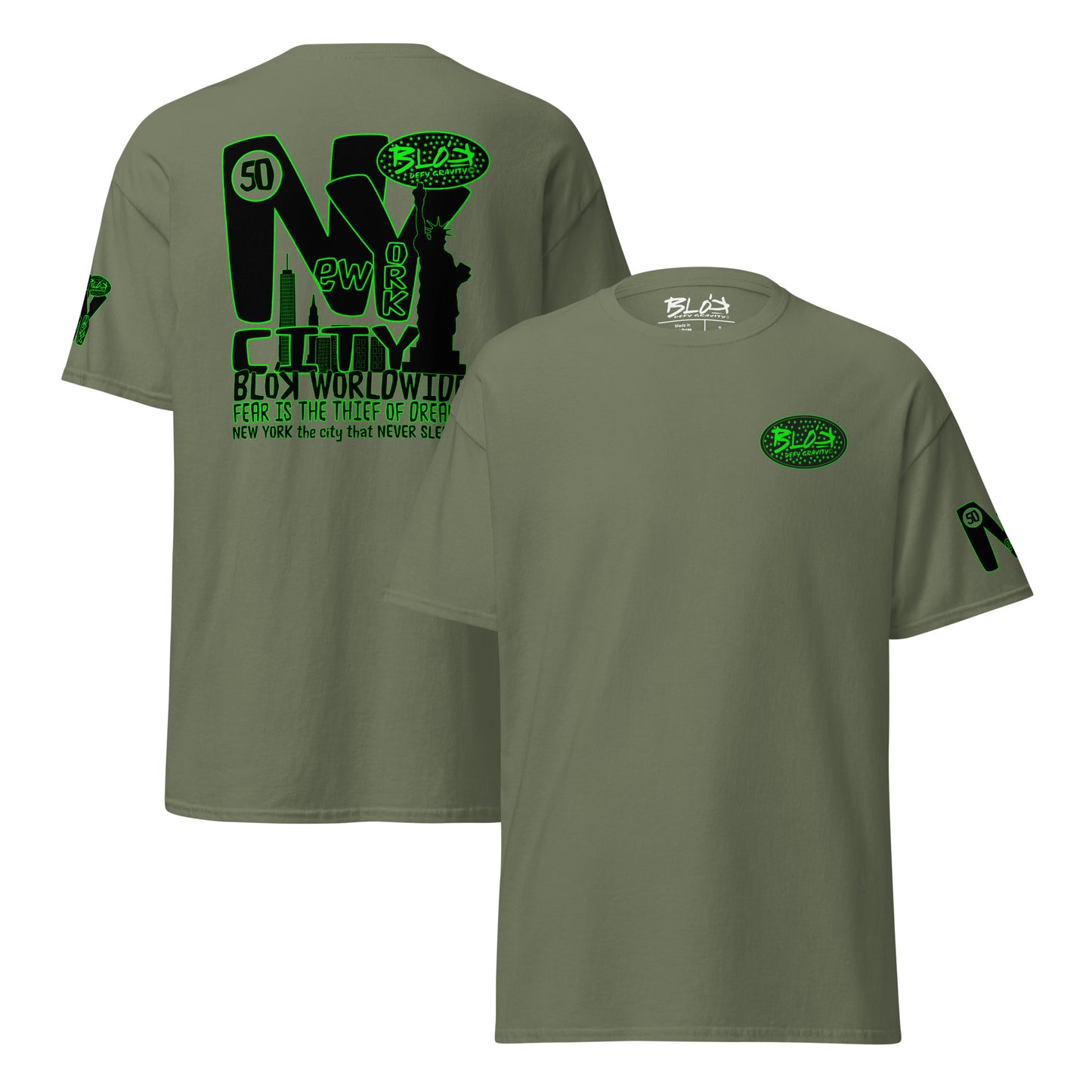 New York City Worldwide - Front, Back & Arm Print in Green - Men's Loose Fit