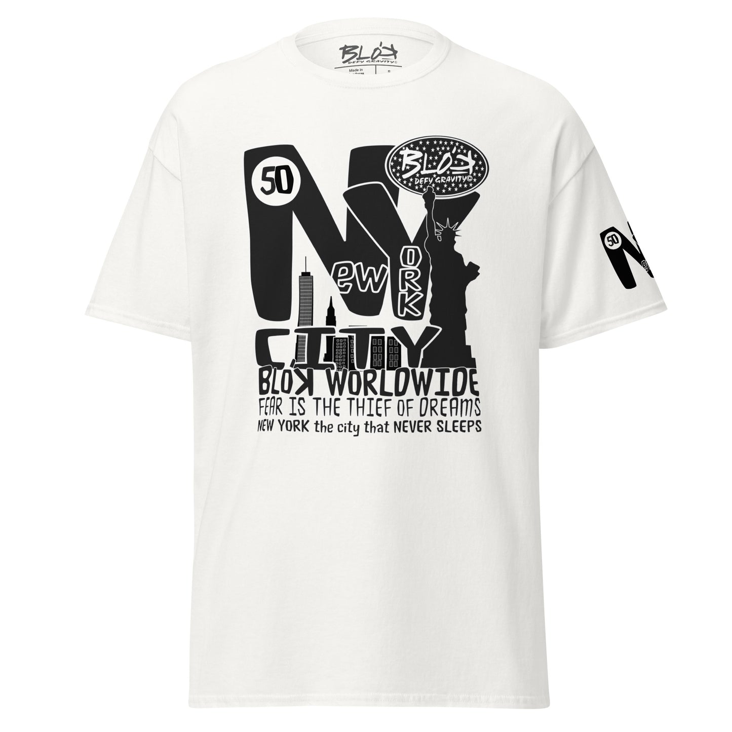 New York City Worldwide - Front, Back & Arm Print in Black & White - Men's Loose Fit