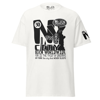 New York City Worldwide - Front, Back & Arm Print in Black & White - Men's Loose Fit