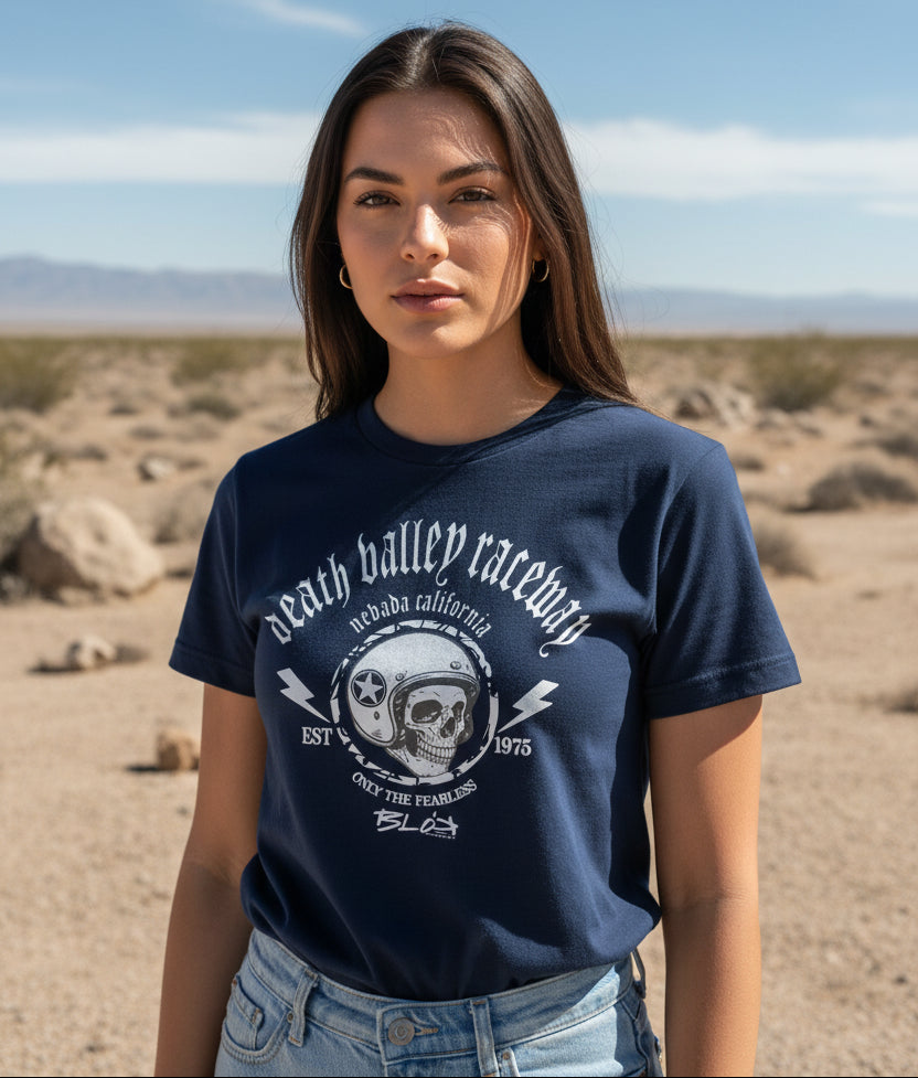 BLOK Death Valley Raceway - White Print Women's Slim Fit Graphic T-Shirt