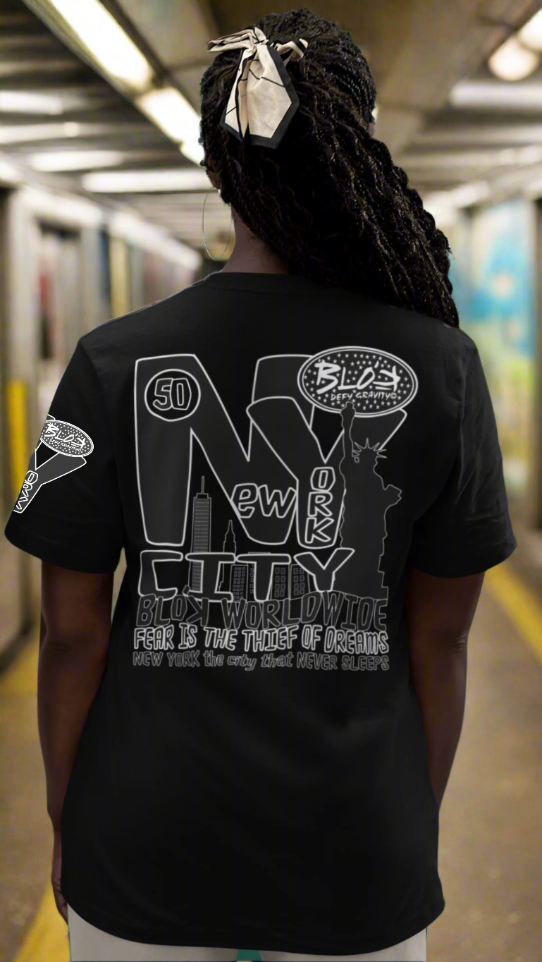 New York City Worldwide - Front, Back & Arm Print in Black & White - Women's Relaxed Fit